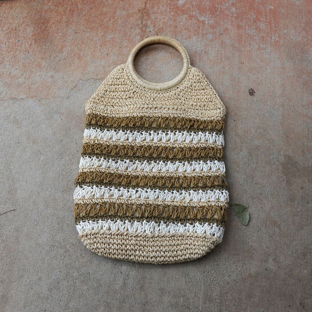 Hand Crocheted Straw Tote Bag Boho Slouchy Market Beach Bag Neutral Brown